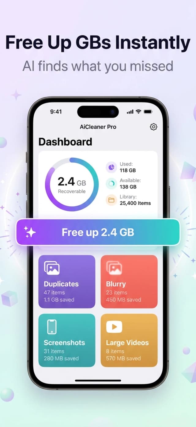 AiCleanerPro dashboard showing 2.4 GB recoverable storage with scan categories