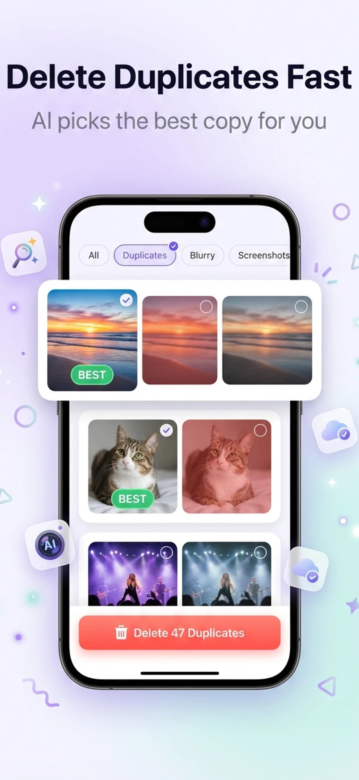 AiCleanerPro duplicate photo detection showing matched photos