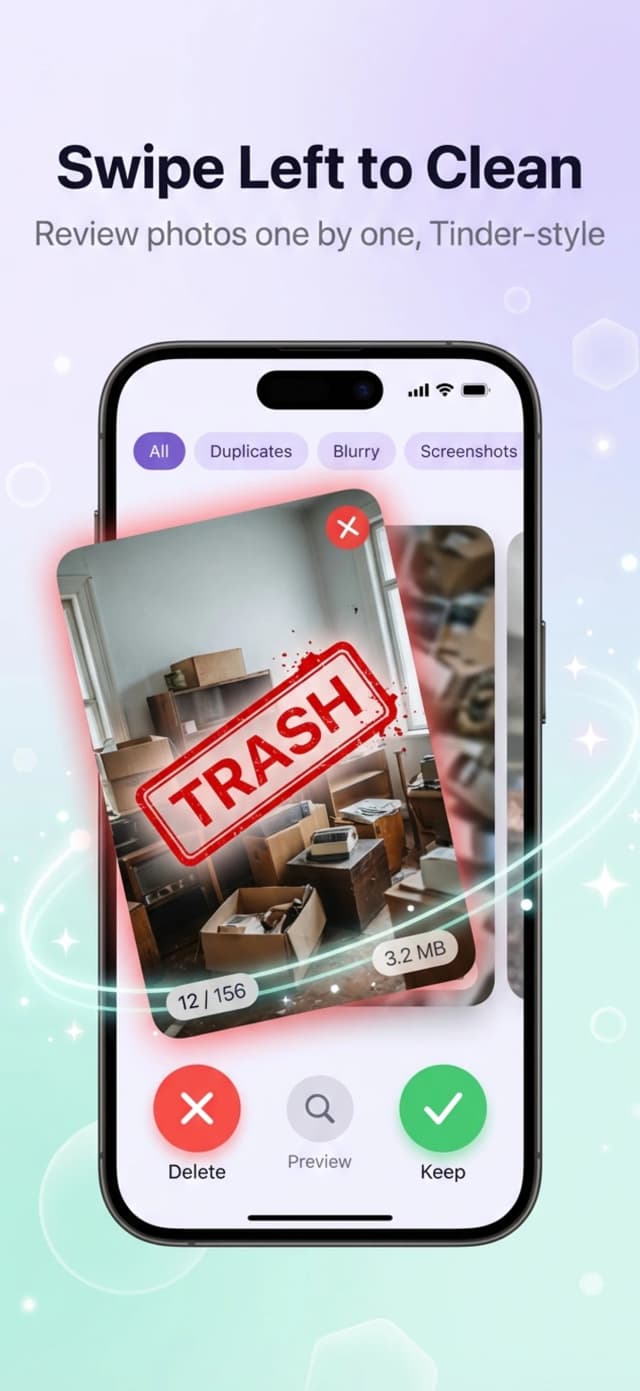 AiCleanerPro Tinder-style swipe interface for reviewing photos