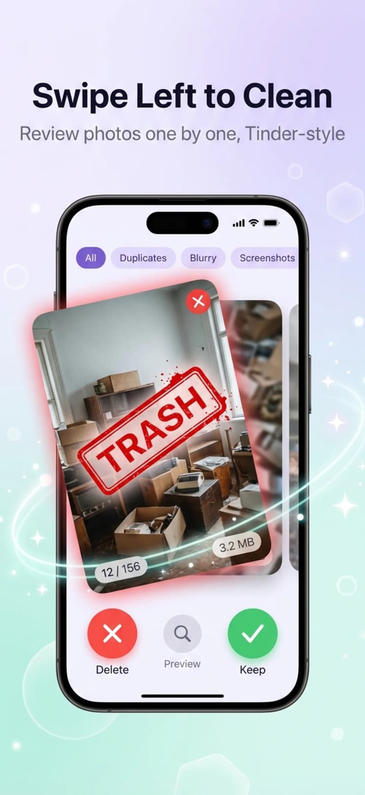AiCleanerPro swipe-to-clean interface — swipe left to delete duplicate photos on iPhone