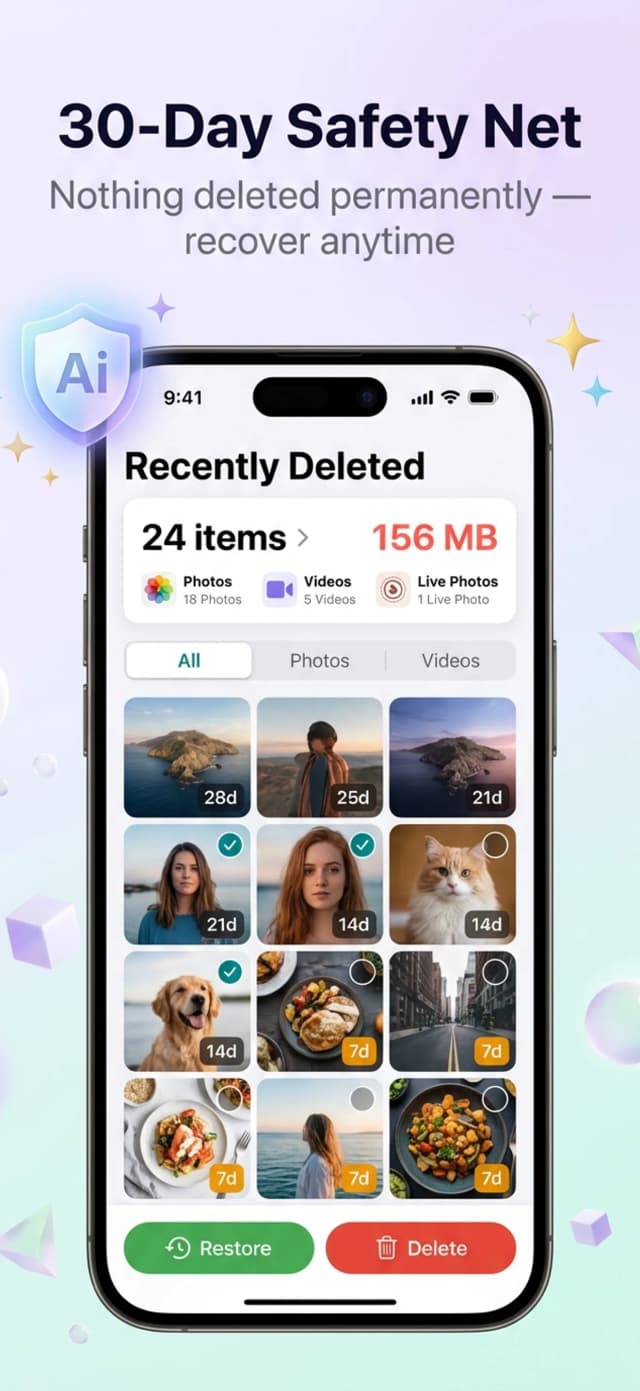 AiCleanerPro 30-day recycle bin with recoverable deleted photos